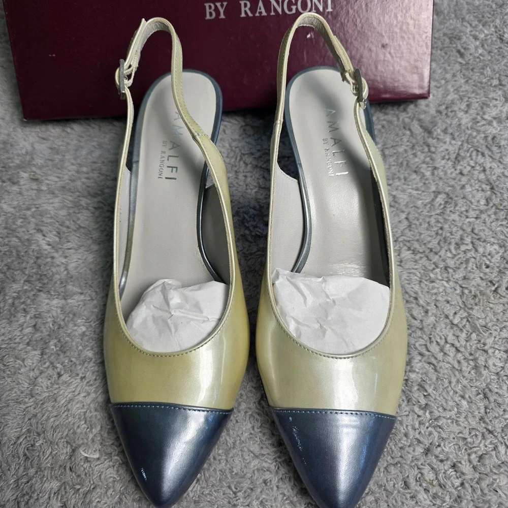 Amalfi by Rangoni Slingback Cap Toe Pearl Blue Italian Leather Heels 7.5M‎ NEW